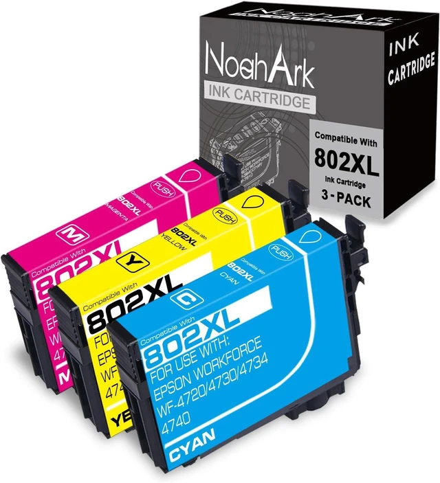 Main image of NoahArk 3 Packs 802XL Remanufactured Ink Cartridge Replacement for 802 802XL T802 T802XL Workforce Pro WF-4720 WF-4730 WF-4740 WF-4734 EC-4020 EC-4030 EC-4040 Printer (Cyan, Magenta, Yellow)