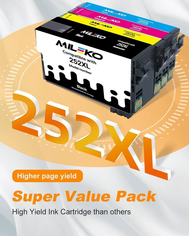 Alt view image 3 of 7 - MILEKO 252XL Ink Cartridges Remanufactured for Epson 252 Ink Cartridge 252 XL T252XL T252 Use for Workforce WF-3640 WF-7720 WF-3620 WF-7710 WF-7620 WF-7610 Printer (Black Magenta Yellow Cyan, 4-Pack)