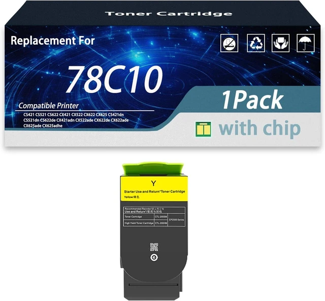 Main image of 78C10 Toner Cartridge Compatible for Lexmark 78C10 78C10K0 78C10C0 78C10M0 78C10Y0 Toner Cartridge Work for Lexmark CS421 CS521 CS622 CX421 CX522 CX622 CX625 CS421dn CS521dn with Chip (Yellow)