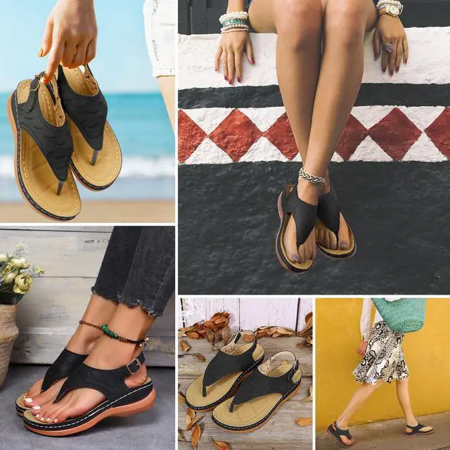 Alt view image 7 of 7 - Women Low-Wedge Anti-Slip Orthopedic Sandals Casual Flat Shoes Flip Flops Ladies- Brown 9" 1Pair