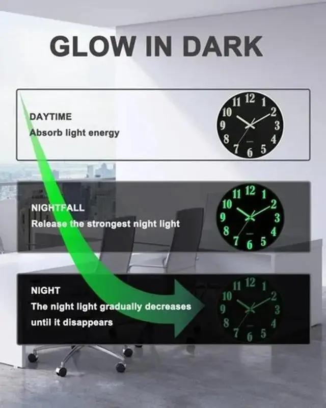Alt view image 4 of 7 - 12'' Large Wall Clock Quartz Light Luminous Night Glow In The Dark Silent Home Black