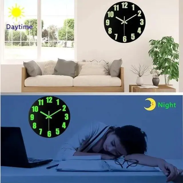 Alt view image 2 of 7 - 12'' Large Wall Clock Quartz Light Luminous Night Glow In The Dark Silent Home Black