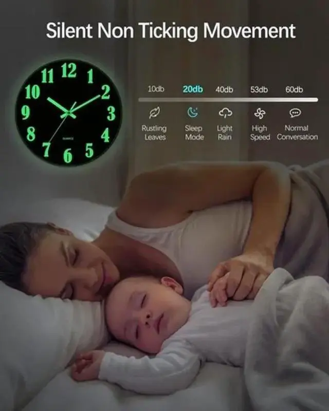 Alt view image 5 of 7 - 12'' Large Wall Clock Quartz Light Luminous Night Glow In The Dark Silent Home Black
