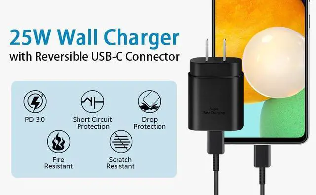 Alt view image 3 of 7 - For Samsung Galaxy S20 S21 S2225W 25W Type USB-C Super Fast Wall Charger Cable-1 PCS US Charger + 1 PCS 6ft cable