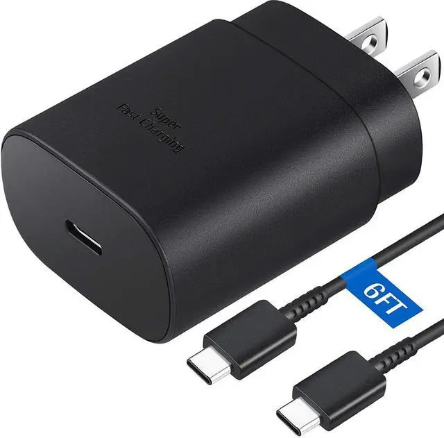 Main image of For Samsung Galaxy S20 S21 S2225W 25W Type USB-C Super Fast Wall Charger Cable-1 PCS US Charger + 1 PCS 6ft cable