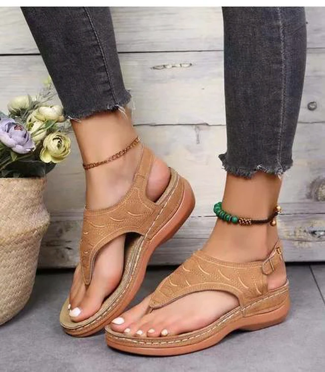Main image of Anti-Slip Low-Wedge Women Orthopedic Sandals Casual Flat Shoes Flip Flops Ladies - Brown 9" 1pair