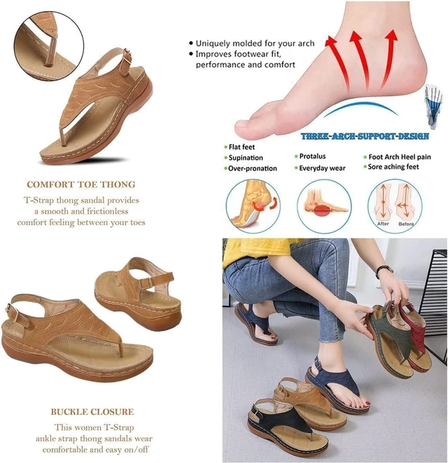 Alt view image 4 of 6 - Anti-Slip Low-Wedge Women Orthopedic Sandals Casual Flat Shoes Flip Flops Ladies - Brown 9" 1pair