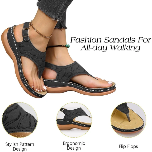 Alt view image 5 of 6 - Anti-Slip Low-Wedge Women Orthopedic Sandals Casual Flat Shoes Flip Flops Ladies - Brown 9" 1pair