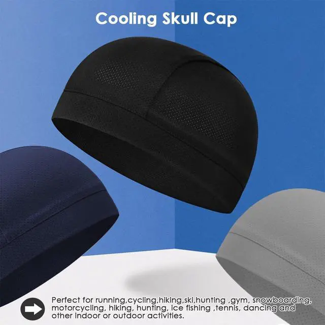 Alt view image 2 of 7 - Men Cooling Skull Cap Helmet Liner Summer Quick Drying Cycling Sports Beanie Hat Polyester Ice Silk-Black+Blue