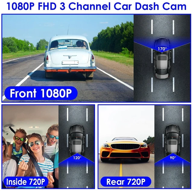 Alt view image 5 of 7 - 1080P WiFi Car Dash Cam with 3 Channels Front Rear Inside View Dual Lens