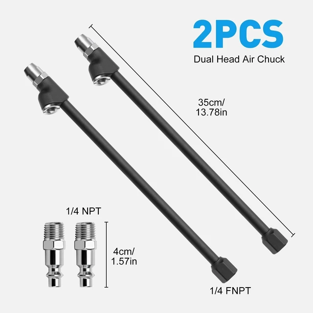 Alt view image 7 of 7 - 13in Extended Reach Dual Head Air Chuck Set Lock On Tire Inflator Car Truck 2PCS