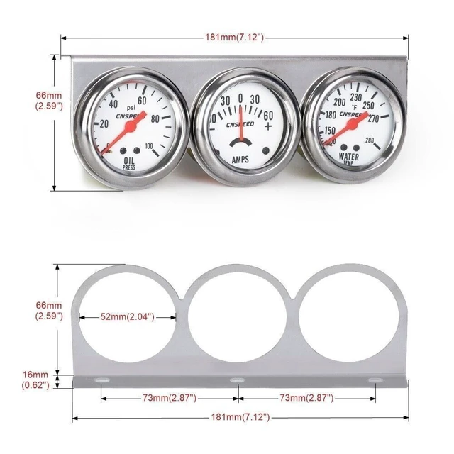 Alt view image 5 of 7 - 2"52mm Oil Pressure Amp Meter Water Temp Triple Gauge 3 in 1 Set Chrome Gauges