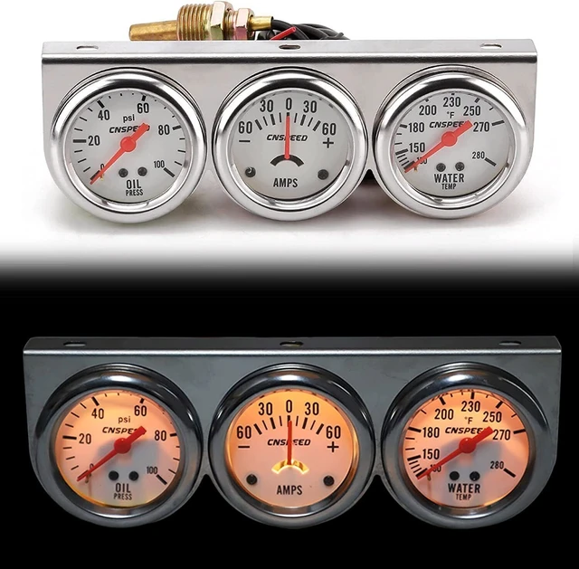 Alt view image 4 of 7 - 2"52mm Oil Pressure Amp Meter Water Temp Triple Gauge 3 in 1 Set Chrome Gauges