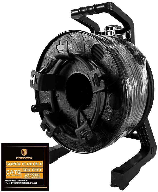 Main image of PRORECK SFTP CAT6 Dual Shielded Ethernet Cable with EtherCON RJ45 Connectors,300ft with Cable Reel, High-Speed, Ideal for Pro Sound Systems, Studio, and Live Performances (PR-C6B-300R)