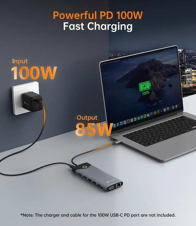 Alt view image 7 of 7 - NOVOO 10Gbps USB-C Docking Station, 15-in-1 Dual/Triple 4K 60Hz HDMI & VGA, 100W PD Charging, 7USB-A+1USB-C, Gigabit Ethernet, SD/TF, Audio, Multiport Dock for MacBook HP Dell Lenovo Surface