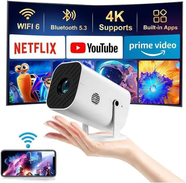 Built-in APPS & Electric Focusing & 210° RotationMini Projector With Wifi And Bluetooth, 1080P Portable Projector, Movie Projector for Bedroom, Supports Smartphones/TV Stick/iPad/PS5/Laptop/HDMI/USB