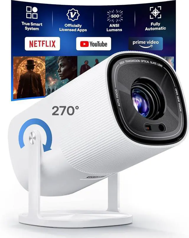Built-in Officially-Licensed Apps & 500 ANSI Lumens & Full AutomaticBoldEver 2026 Upgraded Mini Smart Projector with WiFi 6 and Bluetooth, 270° Adjustable Stand, 4K Movie Projector Indoors Outdoors