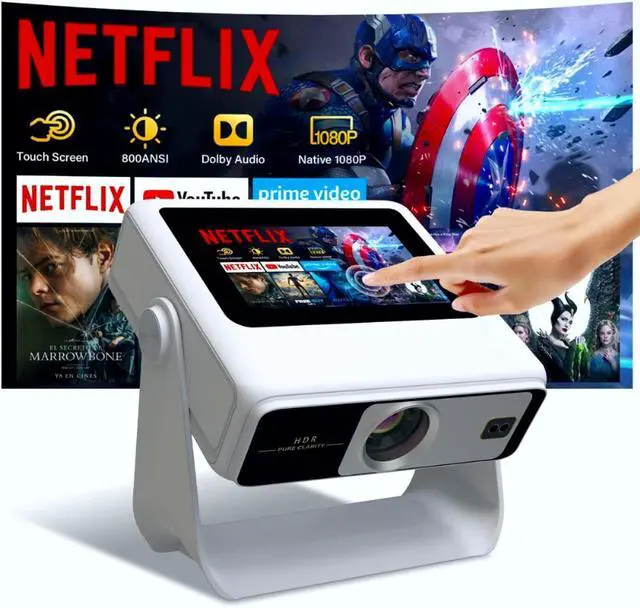Touchscreen Portable Projector with WiFi6 and Bluetooth, Native 1080P 4K Support Built-in Apps, Dual-band WiFi, Full HD Movie Outdoor Projector, Home Theater Proyector
