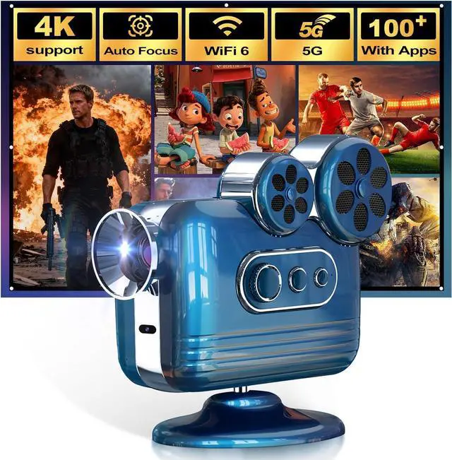Built-in Apps] 5G WiFi Bluetooth Smart 4K Full HD Projector, Movie Projector with karaoke stereo speaker, Equipped with 2 microphones,Compatible with Pc/TV Sticks/Phones/USB (With APP)