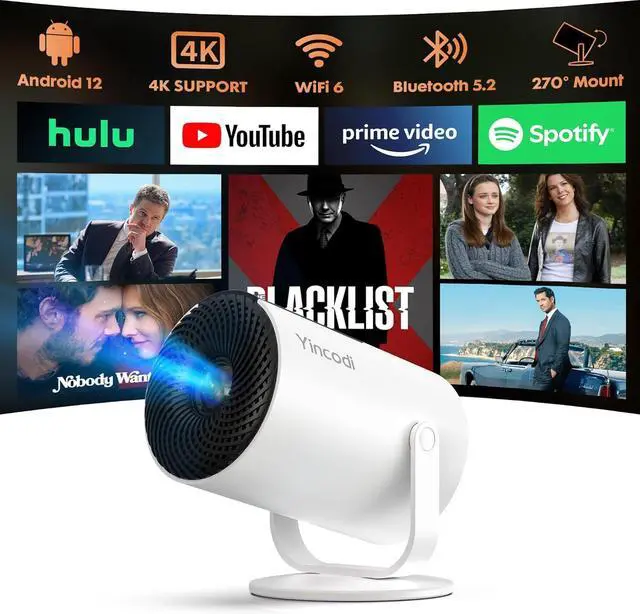[Bulit in Apps] Portable Mini Projector, 1080P Smart Projector with WiFi and Bluetooth, 270° Rotatable Movie Projector Compatibile with iOS/Android/Windows/USB/HDMI, for Indoor/Outdoor Use