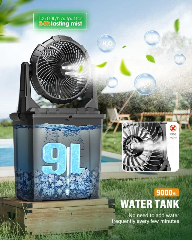 Alt view image 2 of 7 - Ausic 9L Bucket Portable Misting Fan for Outdoors/Patios/Golf - 10IN, 20000mAh Rechargeable Battery Operated Travel Water Cooling Fan, Beach Camping Essentials - 3 Large Spray Misters
