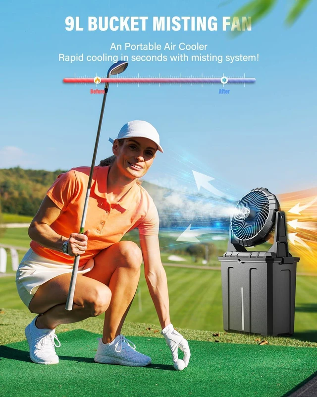 Alt view image 3 of 7 - Ausic 9L Bucket Portable Misting Fan for Outdoors/Patios/Golf - 10IN, 20000mAh Rechargeable Battery Operated Travel Water Cooling Fan, Beach Camping Essentials - 3 Large Spray Misters