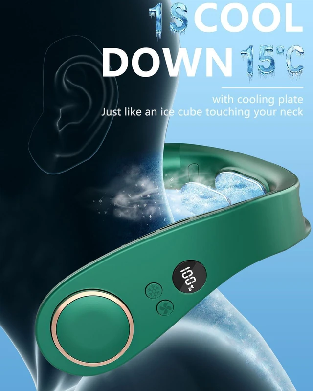 Alt view image 2 of 7 - Neck Fan Air Conditioner,Personal Cooling Device,Neck Air Conditioner Portable AC Rechargeable Battery Powered,Mini Silent Headphones Round Leafless Necklace Fan Women Men Adults Kids Green