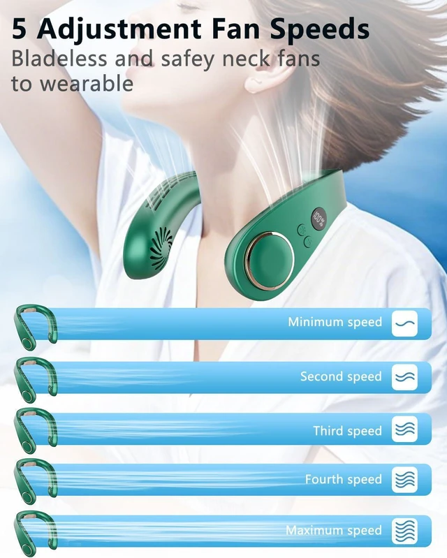 Alt view image 3 of 7 - Neck Fan Air Conditioner,Personal Cooling Device,Neck Air Conditioner Portable AC Rechargeable Battery Powered,Mini Silent Headphones Round Leafless Necklace Fan Women Men Adults Kids Green