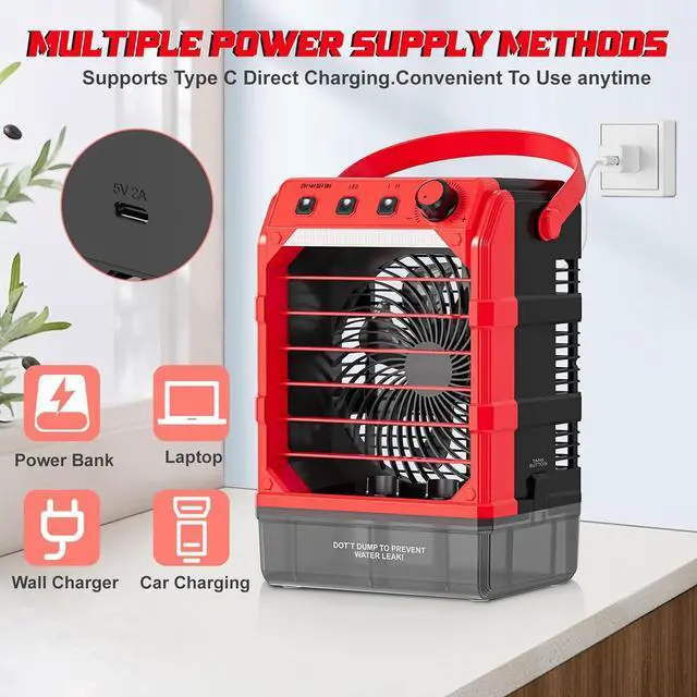 Alt view image 6 of 7 - Battery Powered Misting Fan Compatible For Milwaukee 18V (No Battery) or USB Input Powered,Cooling Fan with 1600ML Water Tank,Timing Function,LED for Outdoor Barbeque Camping & More