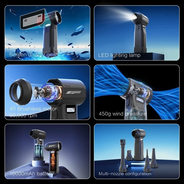 Alt view image 4 of 7 - RichVibe Powerful Fan with 40-Volt High-Speed Brushless Motor, 130000 RPM Max Speed, 10000mAh Battery, 20W Fast Charging via Type-C, 9 Speed Adjustments, Digital Display for Home