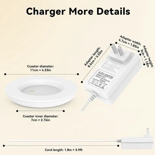 Alt view image 5 of 7 - Replacement Charging Coaster 2 for Temperature Control Smart Mug 2,Mug1,Cisain Mug Power Cord Compatible with Em/BER Smart Cups (White)