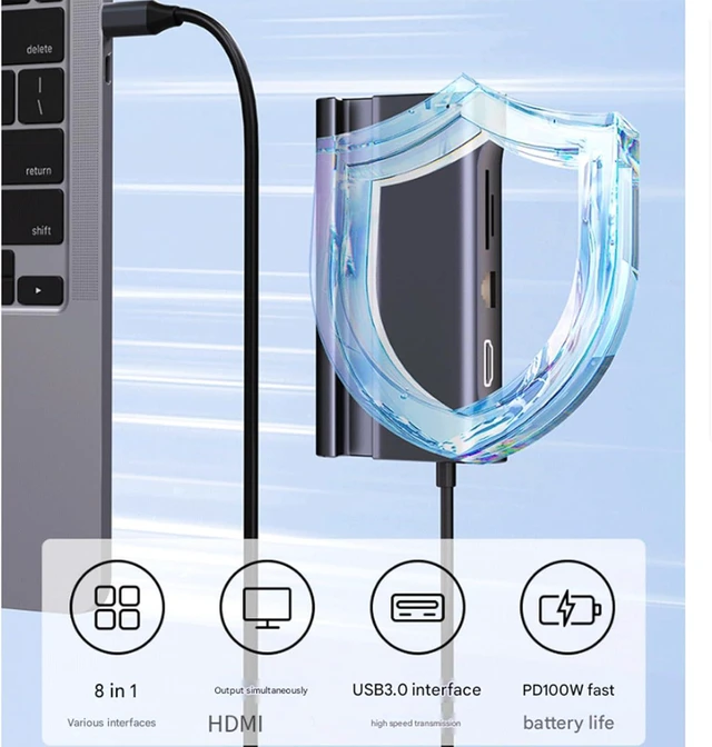 Alt view image 7 of 7 - 8-Port Expansion Dock, Multi-Function Computer USB HD HUB Hub, Convert Mobile Phone Type C Expansion Dock