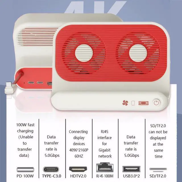 Alt view image 3 of 7 - 8-in-1 Docking Station for Steam/Switch/ROG Ally/MSI Claw/Legion Go, Dual Cooling Fan Steam Deck Dock with HDMI 4K@60Hz, 1000Mbps Ethernet, USB-A 3.0 and 100W Charge