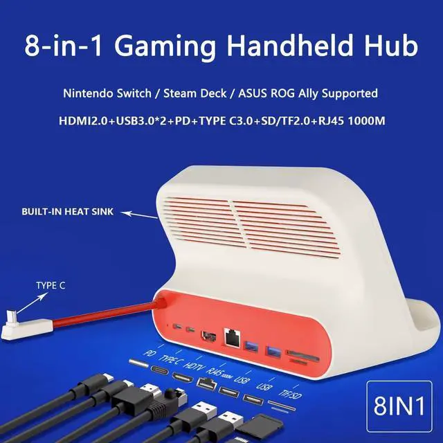 Alt view image 7 of 7 - 8-in-1 Docking Station for Steam/Switch/ROG Ally/MSI Claw/Legion Go, Dual Cooling Fan Steam Deck Dock with HDMI 4K@60Hz, 1000Mbps Ethernet, USB-A 3.0 and 100W Charge