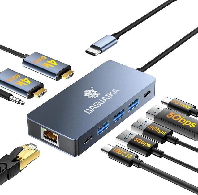 Main image of USB C Hub, 9 in 1 Dual Monitor Docking Station, 4K@60Hz Dual HDMI Display, RJ45 1000Mbps Ethernet Adapter, PD 100W, 3*USB-A 3.0 Ports, 3.5mm Audio/mic for MacBook Pro, Lenovo, Surface, Dell XPS, HP