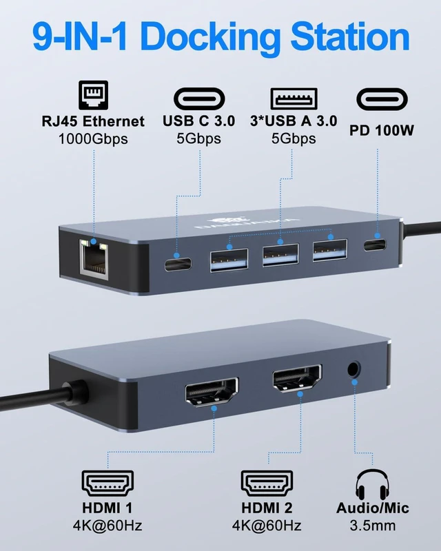 Alt view image 2 of 7 - USB C Hub, 9 in 1 Dual Monitor Docking Station, 4K@60Hz Dual HDMI Display, RJ45 1000Mbps Ethernet Adapter, PD 100W, 3*USB-A 3.0 Ports, 3.5mm Audio/mic for MacBook Pro, Lenovo, Surface, Dell XPS, HP