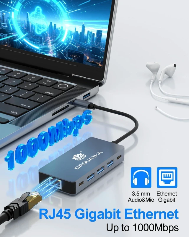 Alt view image 5 of 7 - USB C Hub, 9 in 1 Dual Monitor Docking Station, 4K@60Hz Dual HDMI Display, RJ45 1000Mbps Ethernet Adapter, PD 100W, 3*USB-A 3.0 Ports, 3.5mm Audio/mic for MacBook Pro, Lenovo, Surface, Dell XPS, HP