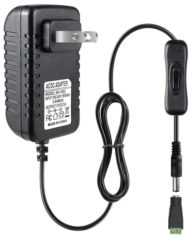 Main image of 12V Power Supply, 12 Volt 2A 24W DC Power Supply with On Off Switch, Black Switching LED Power Adapter, AC 110V to 12V Wall Wart Transformer Plug for LED Strip Lights with 5.5/2.1 DC Female Connector