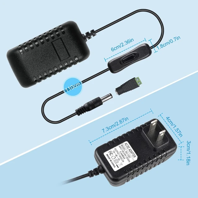 Alt view image 2 of 7 - 12V Power Supply, 12 Volt 2A 24W DC Power Supply with On Off Switch, Black Switching LED Power Adapter, AC 110V to 12V Wall Wart Transformer Plug for LED Strip Lights with 5.5/2.1 DC Female Connector
