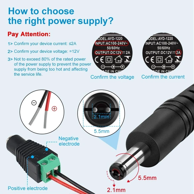 Alt view image 4 of 7 - 12V Power Supply, 12 Volt 2A 24W DC Power Supply with On Off Switch, Black Switching LED Power Adapter, AC 110V to 12V Wall Wart Transformer Plug for LED Strip Lights with 5.5/2.1 DC Female Connector