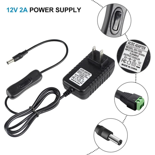 Alt view image 5 of 7 - 12V Power Supply, 12 Volt 2A 24W DC Power Supply with On Off Switch, Black Switching LED Power Adapter, AC 110V to 12V Wall Wart Transformer Plug for LED Strip Lights with 5.5/2.1 DC Female Connector