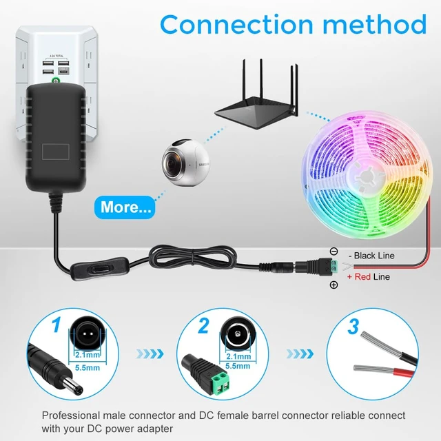 Alt view image 6 of 7 - 12V Power Supply, 12 Volt 2A 24W DC Power Supply with On Off Switch, Black Switching LED Power Adapter, AC 110V to 12V Wall Wart Transformer Plug for LED Strip Lights with 5.5/2.1 DC Female Connector