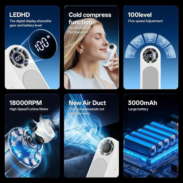 Alt view image 5 of 7 - High-Speed Handheld Fan, Portable Fan with Ice Cooling, Instant Cooling -25 Peltier Element, 5-Speed Turbo Fan, 3000mAh Battery Operated Personal Fan, LED Display [Patent: ZL 2025 3 0363996.1