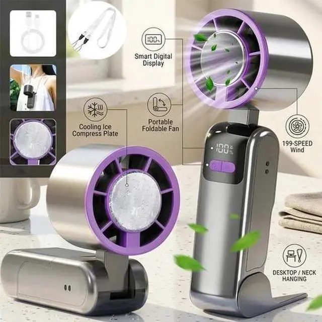 Alt view image 2 of 7 - Handheld Fan Semiconductor Ice Cooling Portable Turbo Fan 199 Speed Folding Fan