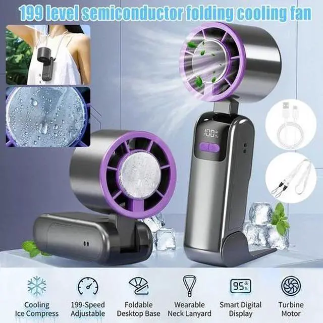 Alt view image 3 of 7 - Handheld Fan Semiconductor Ice Cooling Portable Turbo Fan 199 Speed Folding Fan