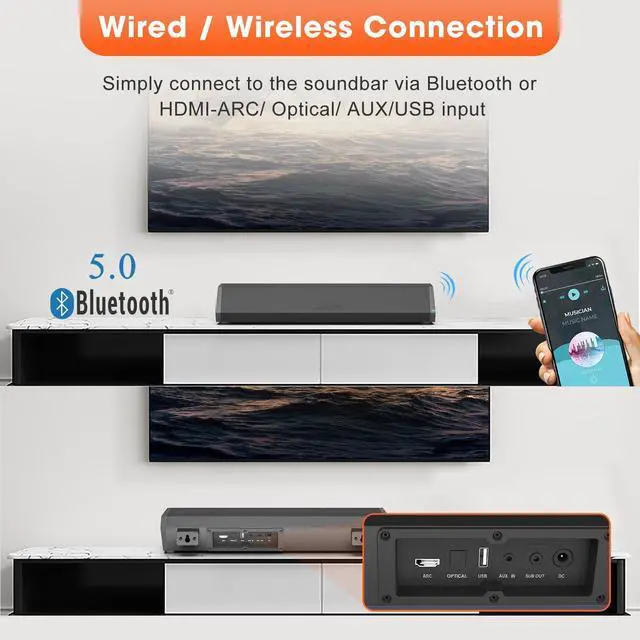 Alt view image 4 of 7 - Bestisan Sound Bars for TV, 16'/50W Small Soundbar for TV, Sound Bar with Depths Sound Enhanced/DSP/Bass+/3EQ, Surround Sound Speakers for TV Works with HDMI ARC/CEC,Optical/BT/PC