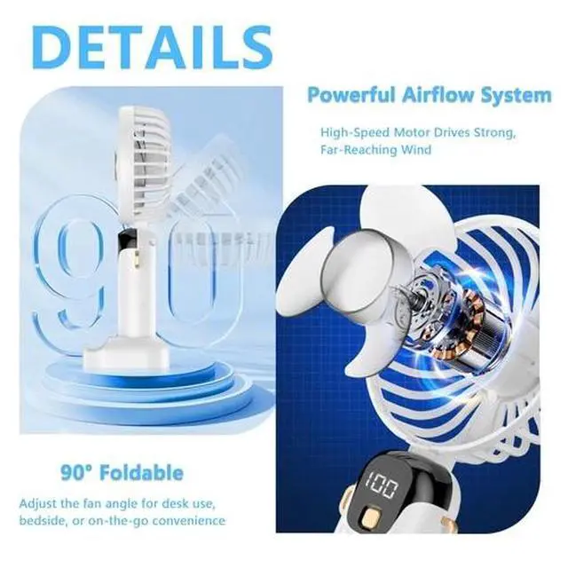 Alt view image 5 of 6 - 3-in-1 Portable Handheld Fan, High-Speed Rechargeable Mini Fan, 5-Speed Stron...