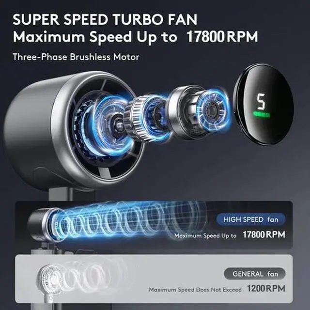 Alt view image 2 of 6 - Foldable Handheld Fan, Portable High Speed Rechargeable 5000mAh Mini Turbo F...