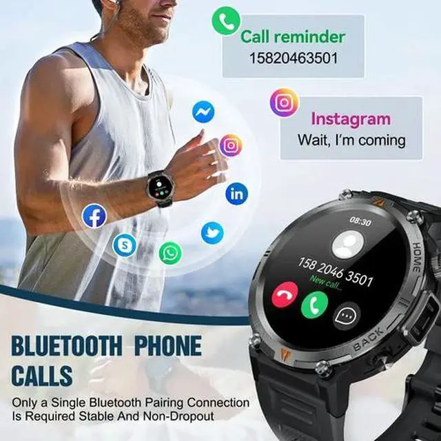 Alt view image 2 of 7 - Smart Watch Bluetooth 1.45 Inch Black Rugged Case with Black Polyurethane Sport