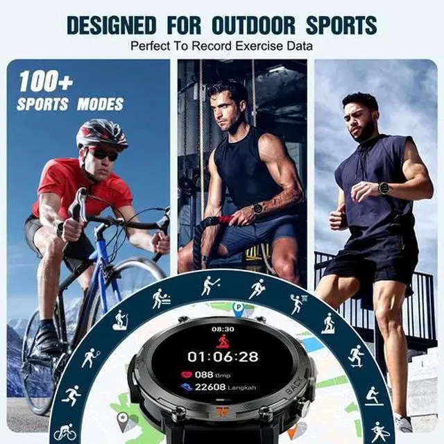Alt view image 3 of 7 - Smart Watch Bluetooth 1.45 Inch Black Rugged Case with Black Polyurethane Sport